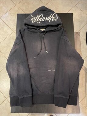 YoungLA Black Pullover Hoodie with Script Hood